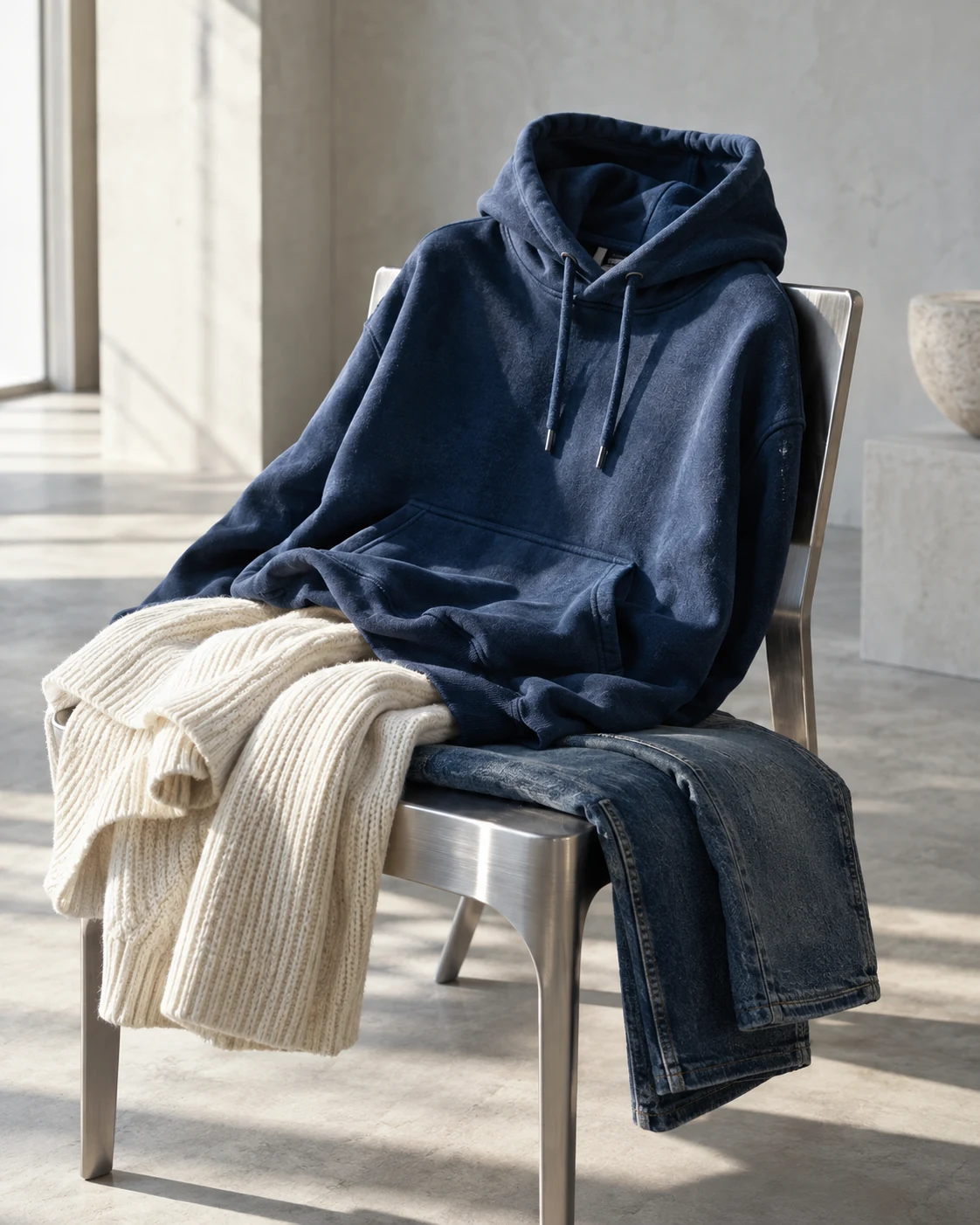 Blue hoodie, cream sweater, and denim styled on a minimalist metal chair